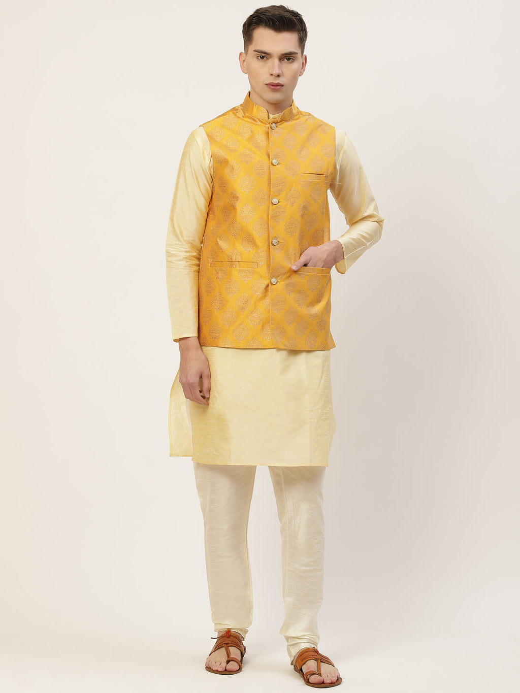 Jompers Men's Beautiful Mustard Printed Nehru Jacket
