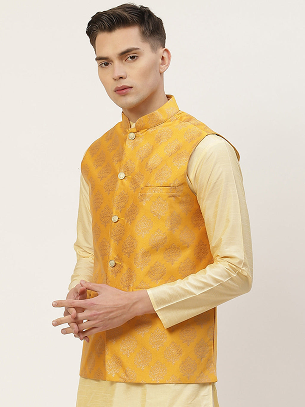 Jompers Men's Beautiful Mustard Printed Nehru Jacket