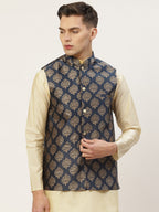 Jompers Men's Navy Printed Nehru Jacket
