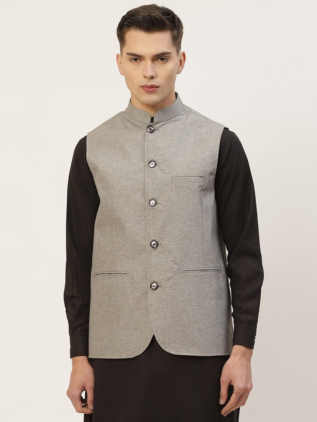 Jompers Grey Solid Nehru Jacket For Men