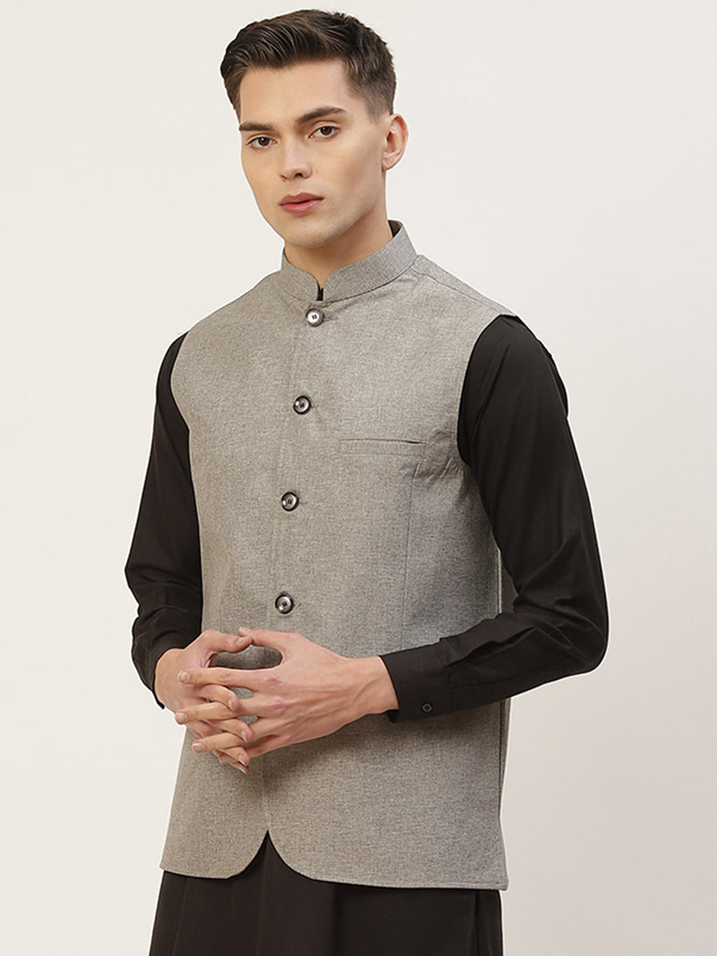 Jompers Grey Solid Nehru Jacket For Men