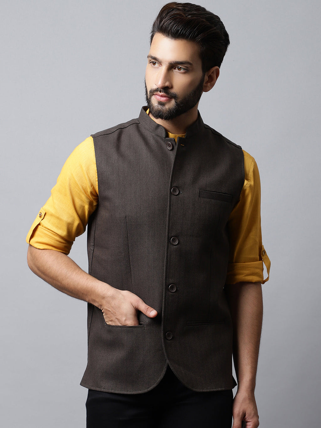 Even Apparels Men's Brown Nehru Jacket With Welt Pockets