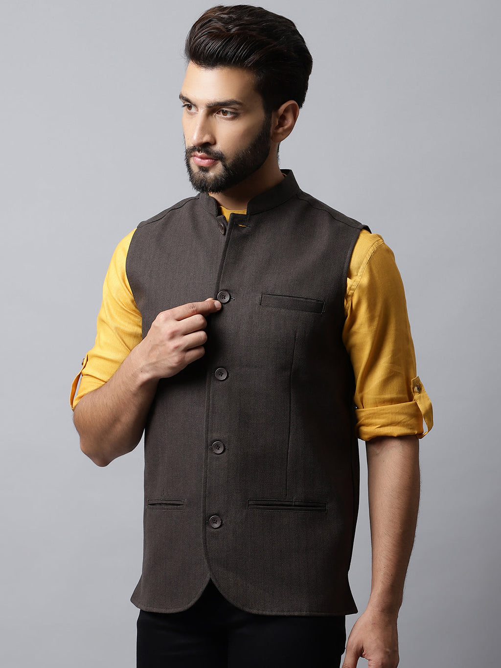 Even Apparels Men's Brown Nehru Jacket With Welt Pockets