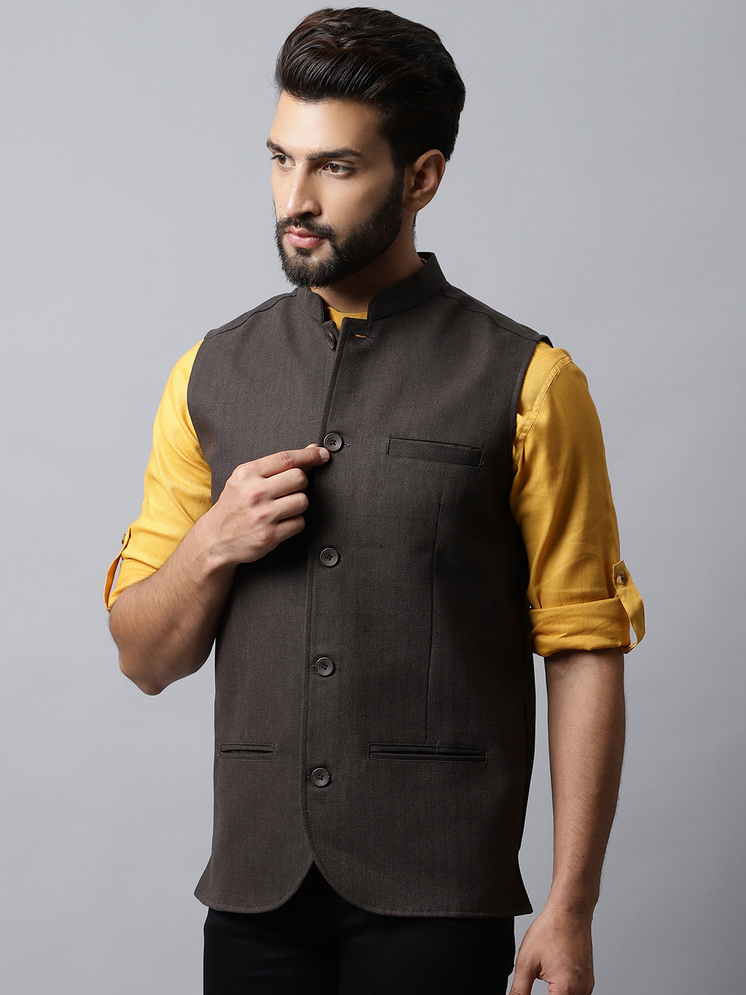 Even Apparels Men's Brown Nehru Jacket With Welt Pockets