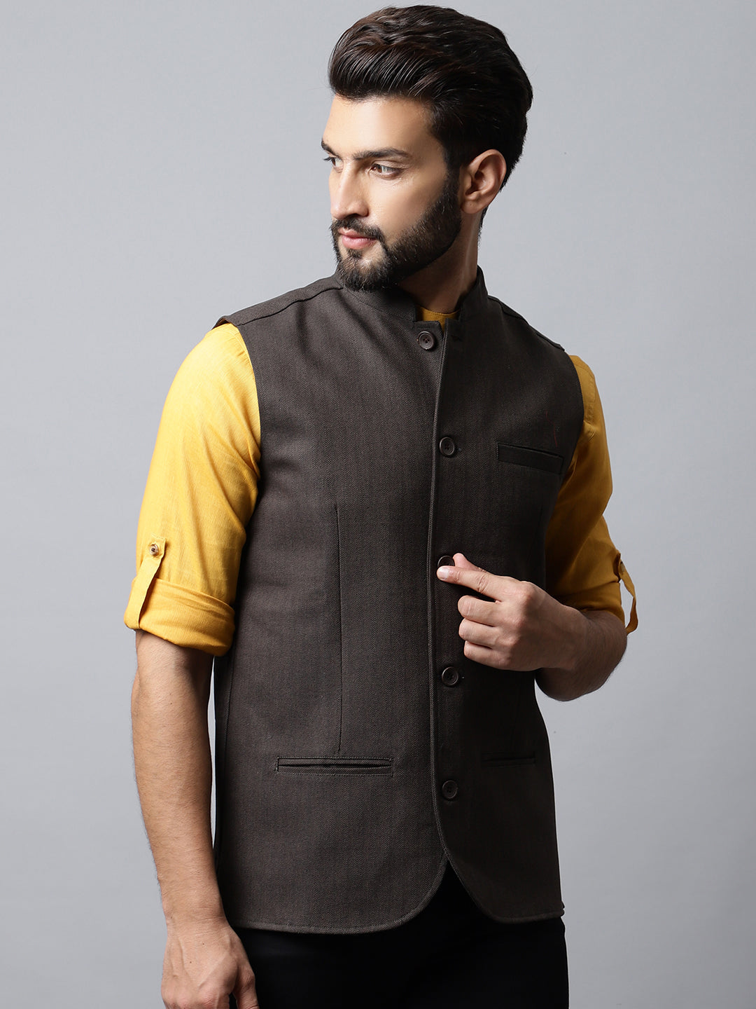 Even Apparels Men's Brown Nehru Jacket With Welt Pockets
