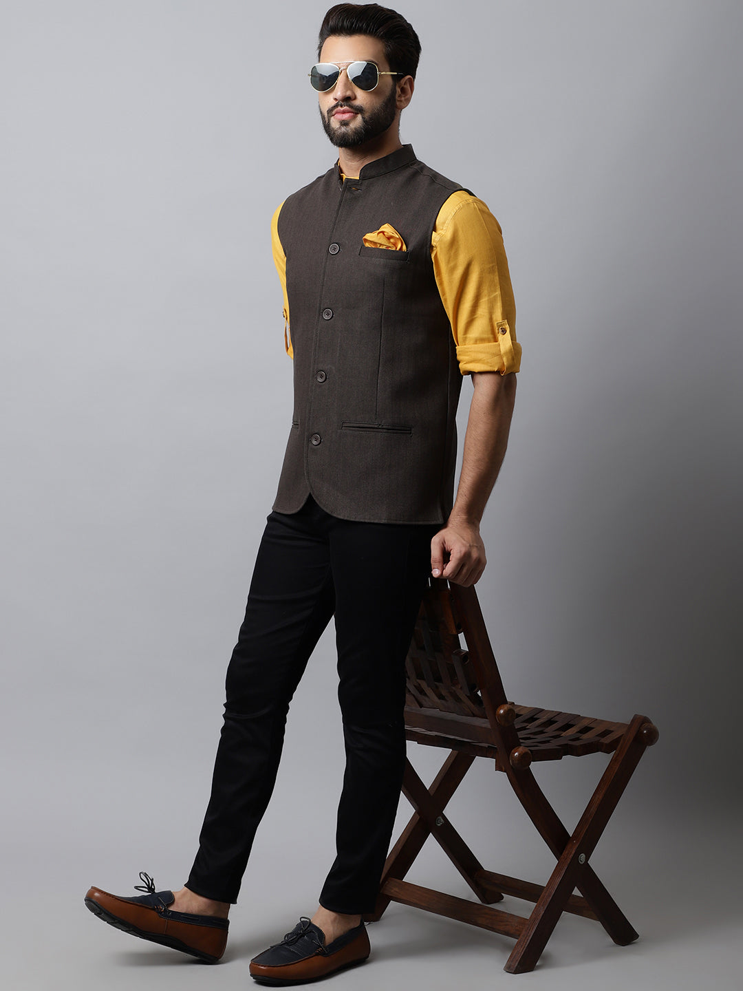 Even Apparels Men's Brown Nehru Jacket With Welt Pockets