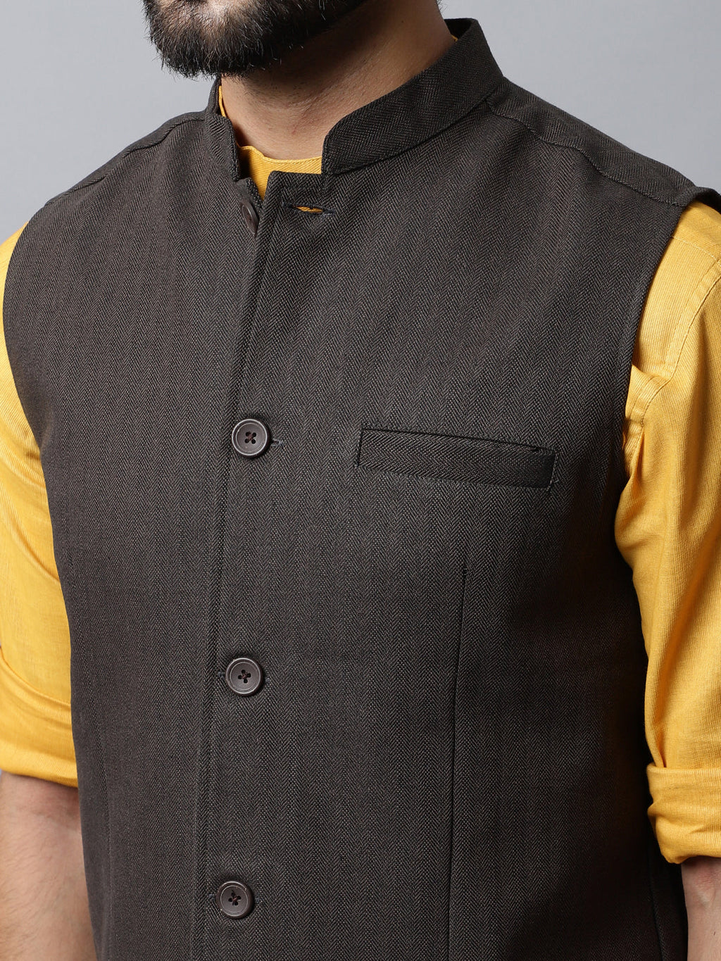 Even Apparels Men's Brown Nehru Jacket With Welt Pockets