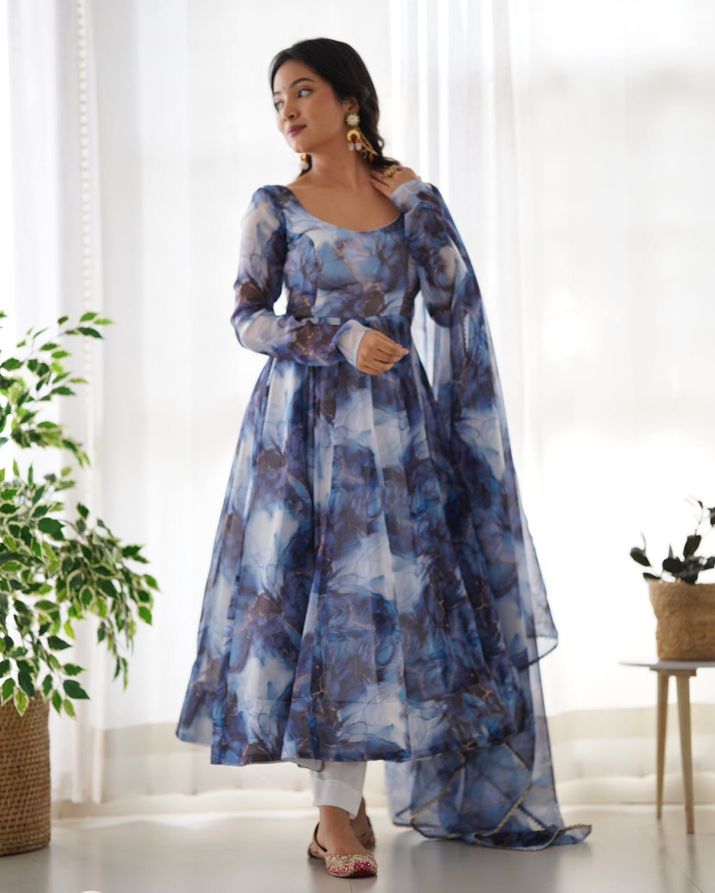 Lehenga Mart Navy Blue Organza Silk Designer Anarkali Suit Set