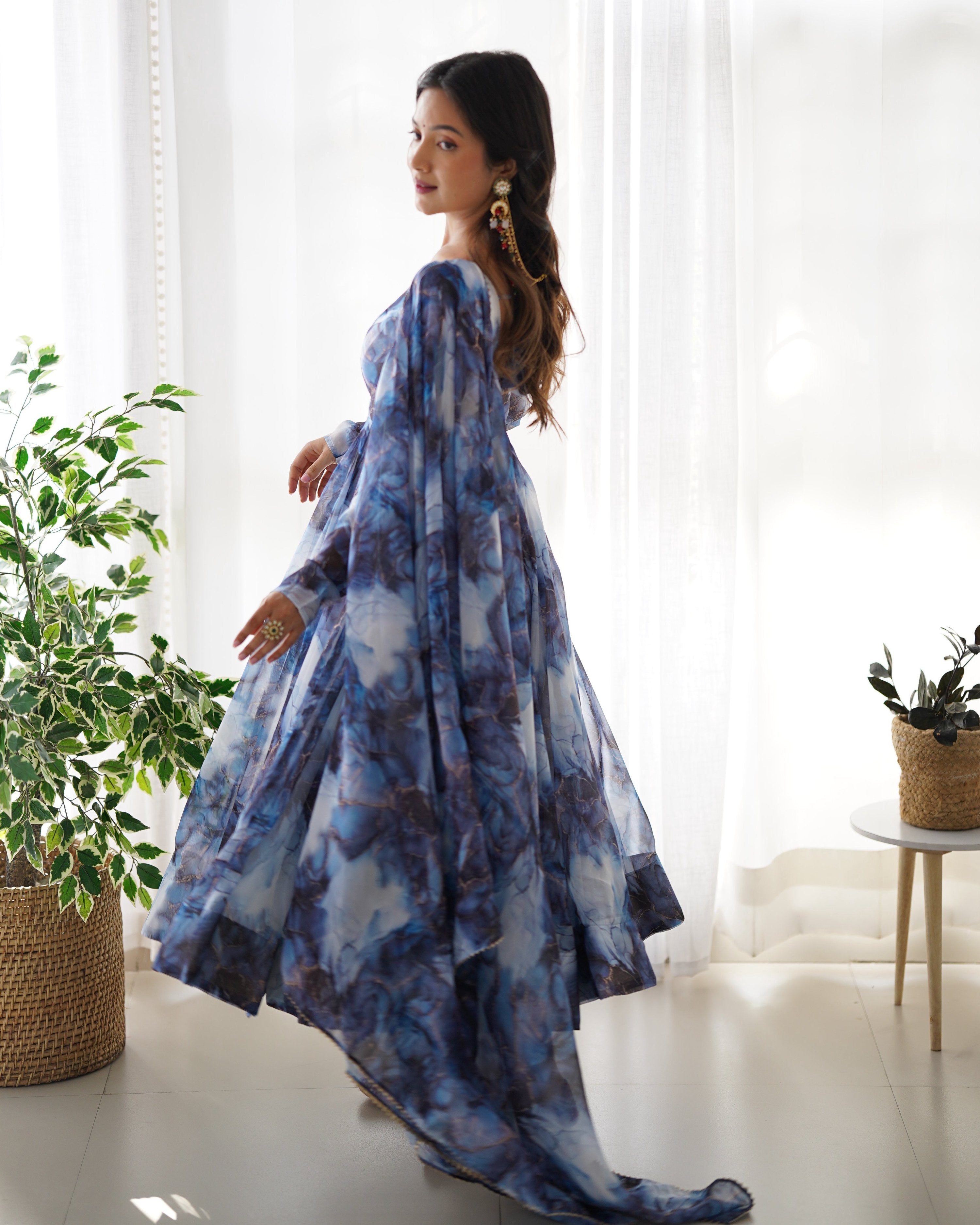Lehenga Mart Navy Blue Organza Silk Designer Anarkali Suit Set