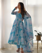 Lehenga Mart Sky Blue Organza Silk Designer Anarkali Suit Set