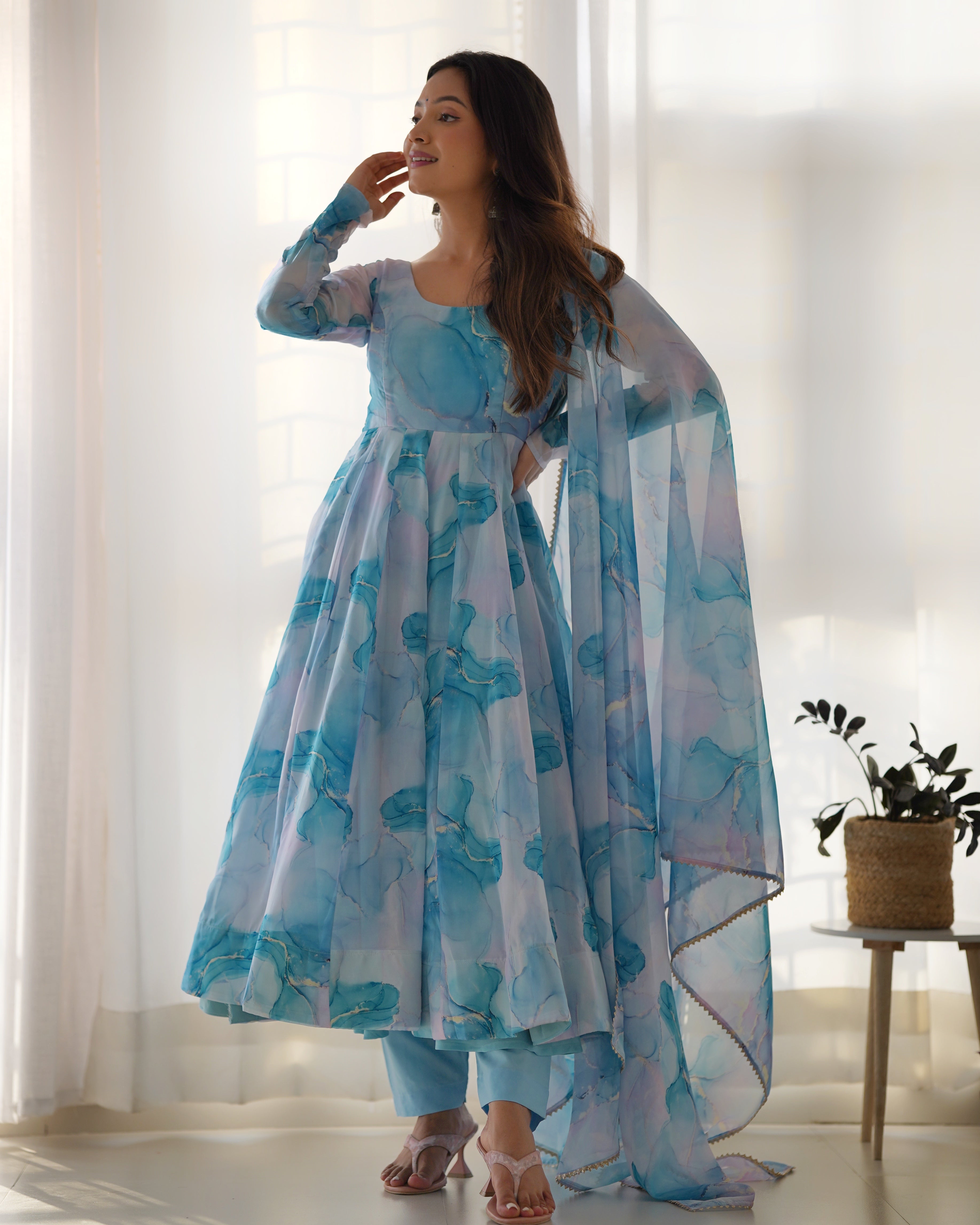 Lehenga Mart Sky Blue Organza Silk Designer Anarkali Suit Set