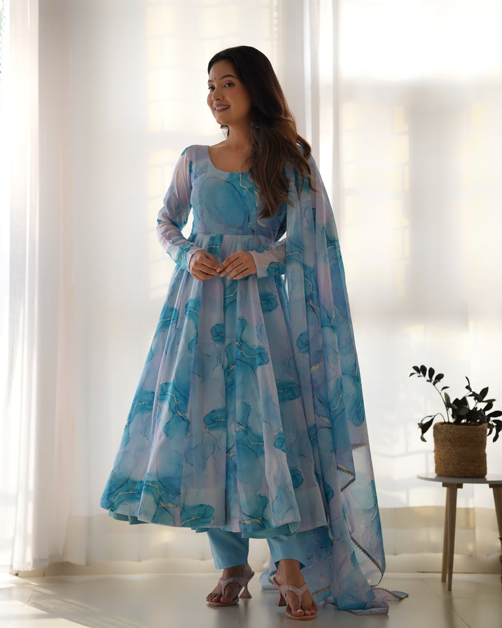Lehenga Mart Sky Blue Organza Silk Designer Anarkali Suit Set