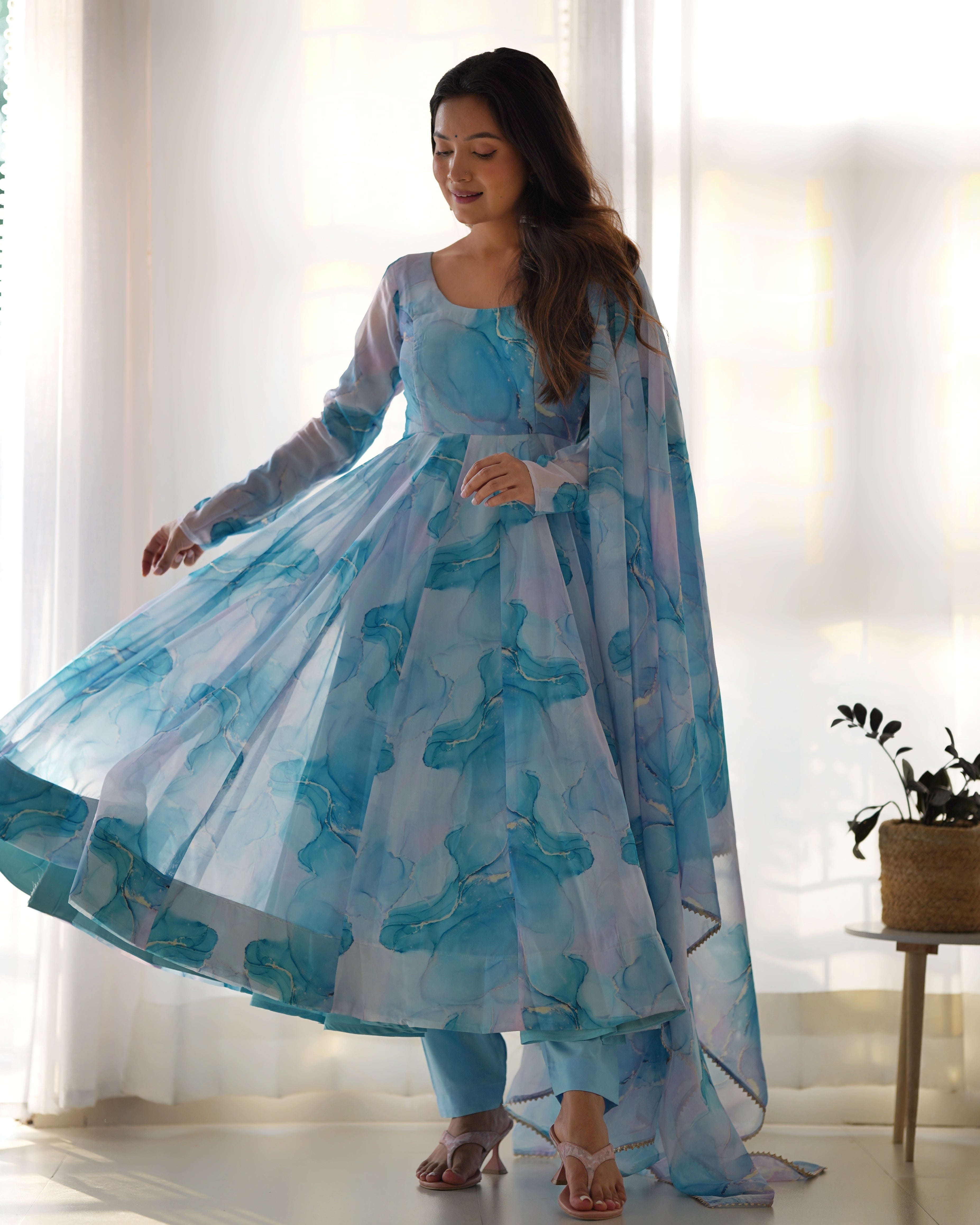 Lehenga Mart Sky Blue Organza Silk Designer Anarkali Suit Set