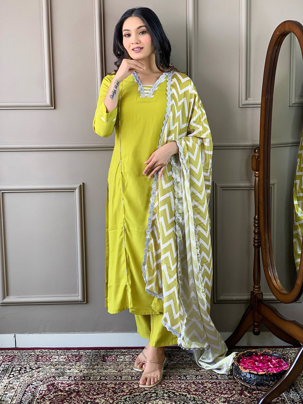 The52 Lemon Women Embroidered Viscose Straight Kurta Pant Dupatta Set - Distacart