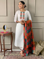 The52 White Embroidered Viscose Fabric Straight Kurta, Pant and Dupatta Set - Distacart