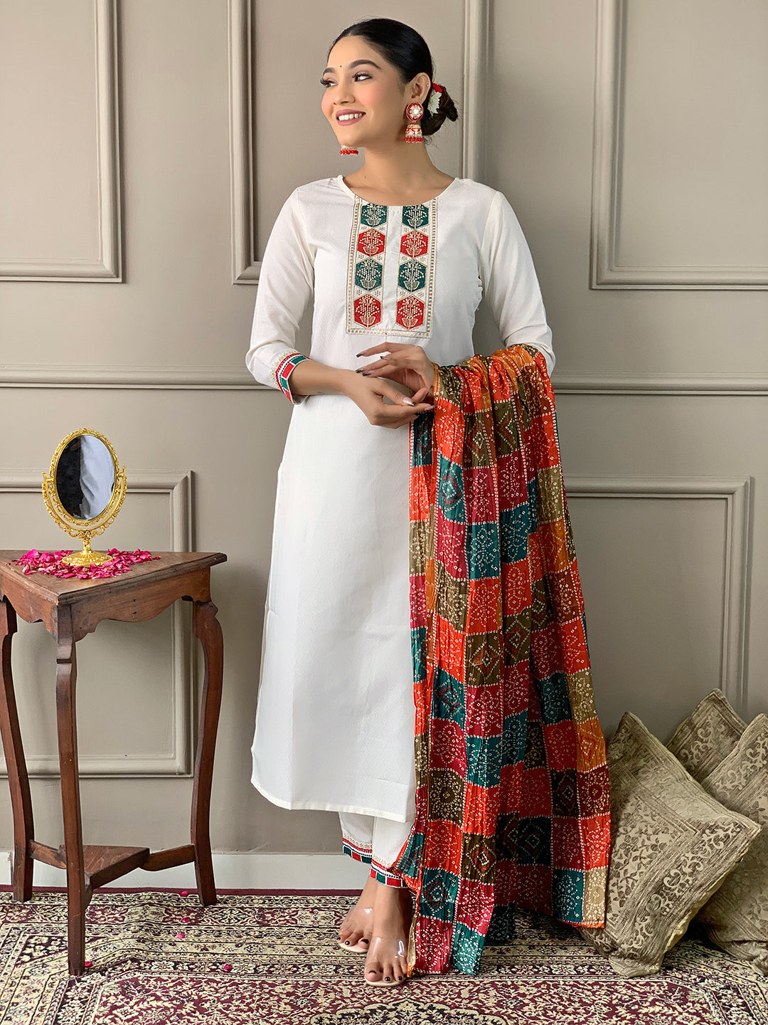 The52 White Embroidered Viscose Fabric Straight Kurta, Pant and Dupatta Set - Distacart