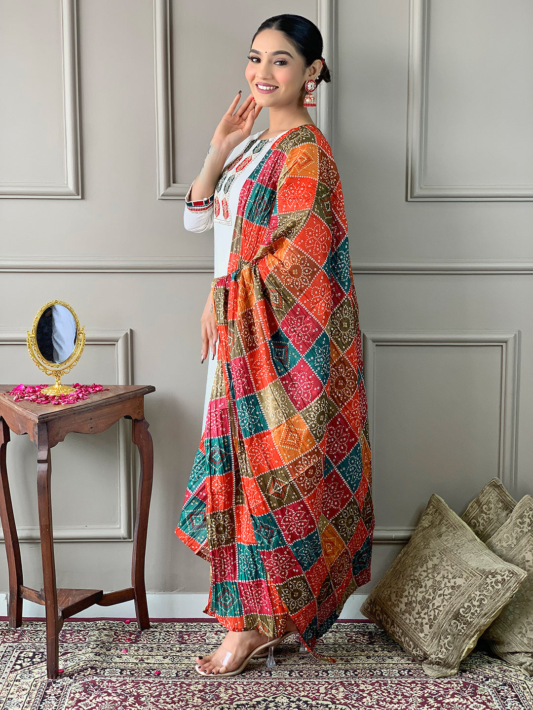 The52 White Embroidered Viscose Fabric Straight Kurta, Pant and Dupatta Set - Distacart
