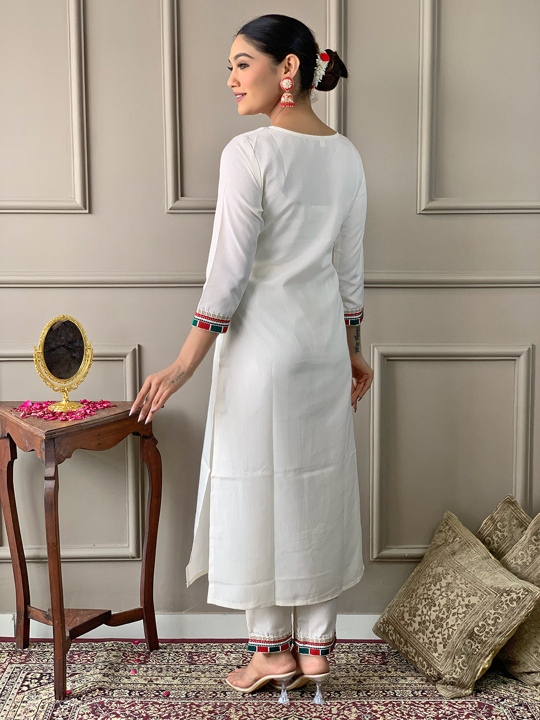 The52 White Embroidered Viscose Fabric Straight Kurta, Pant and Dupatta Set - Distacart