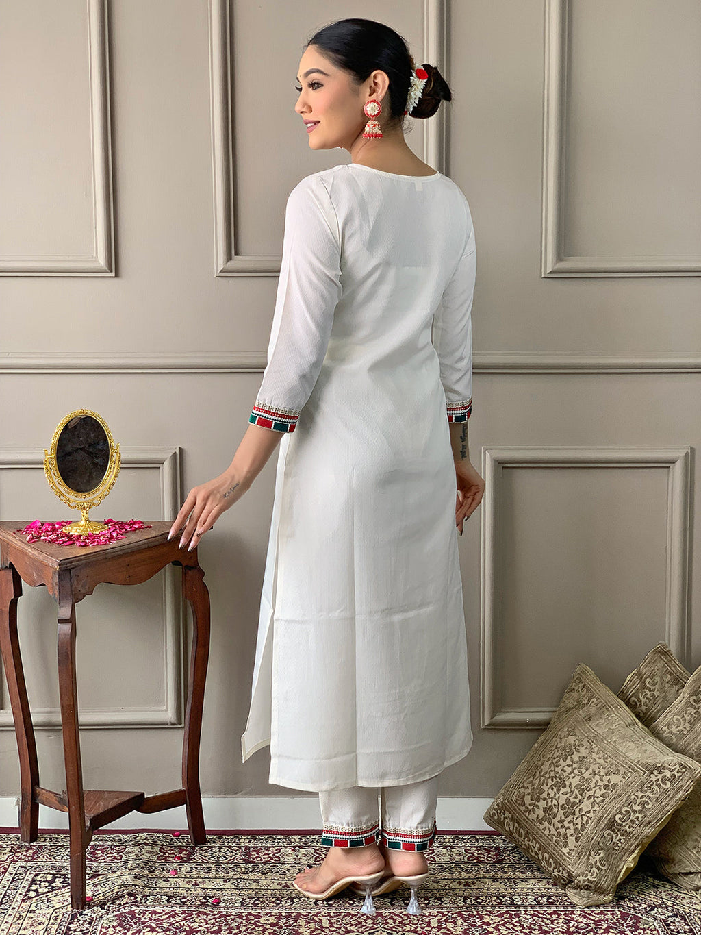 The52 White Embroidered Viscose Fabric Straight Kurta, Pant and Dupatta Set - Distacart
