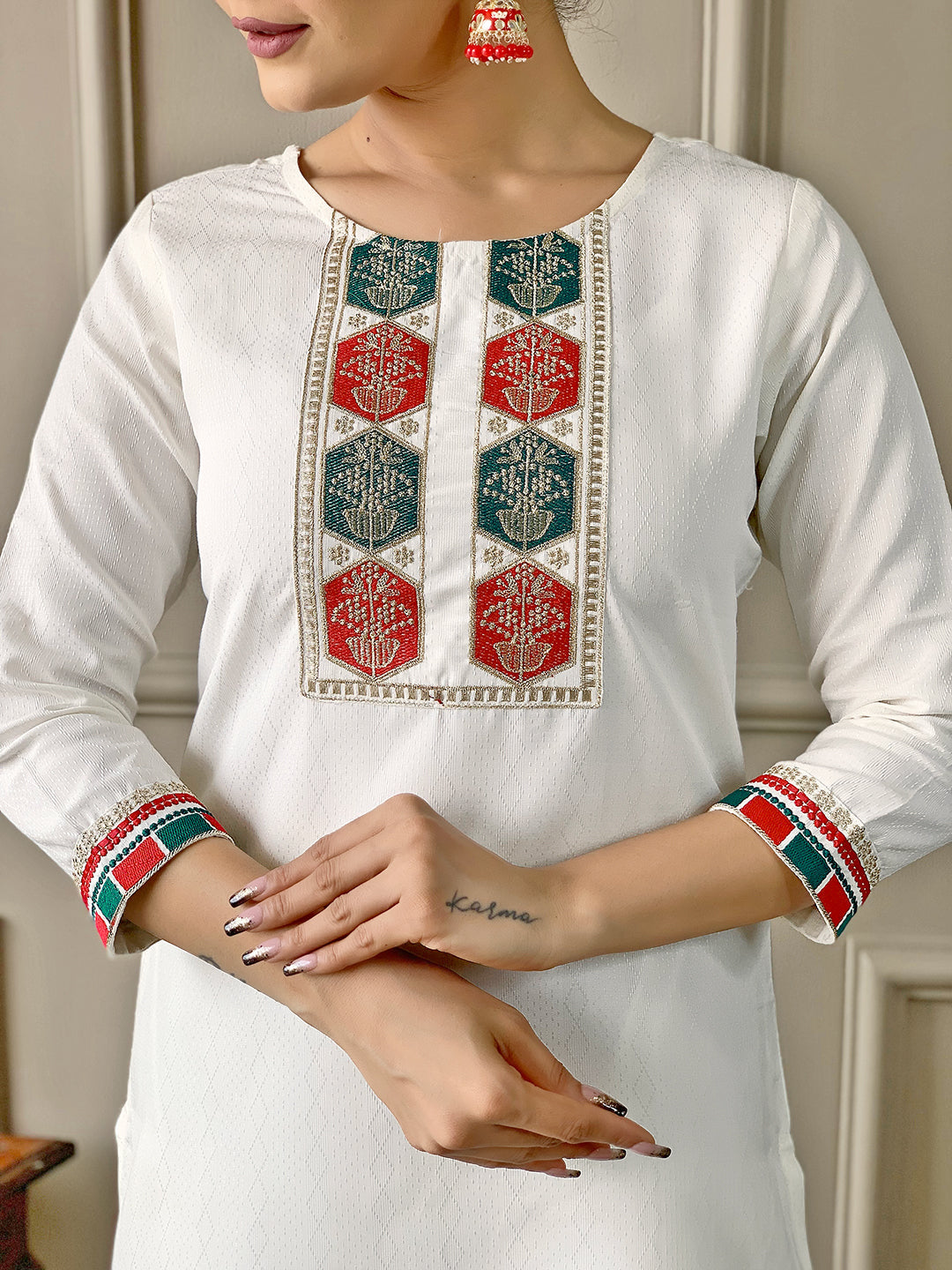 The52 White Embroidered Viscose Fabric Straight Kurta, Pant and Dupatta Set - Distacart