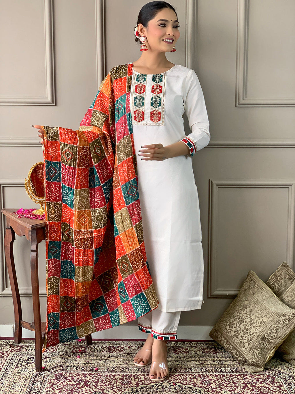 The52 White Embroidered Viscose Fabric Straight Kurta, Pant and Dupatta Set - Distacart