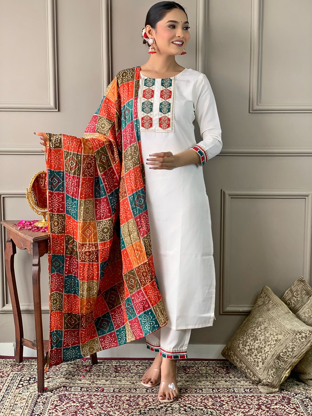 The52 White Embroidered Viscose Fabric Straight Kurta, Pant and Dupatta Set - Distacart
