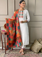The52 White Embroidered Viscose Fabric Straight Kurta, Pant and Dupatta Set - Distacart