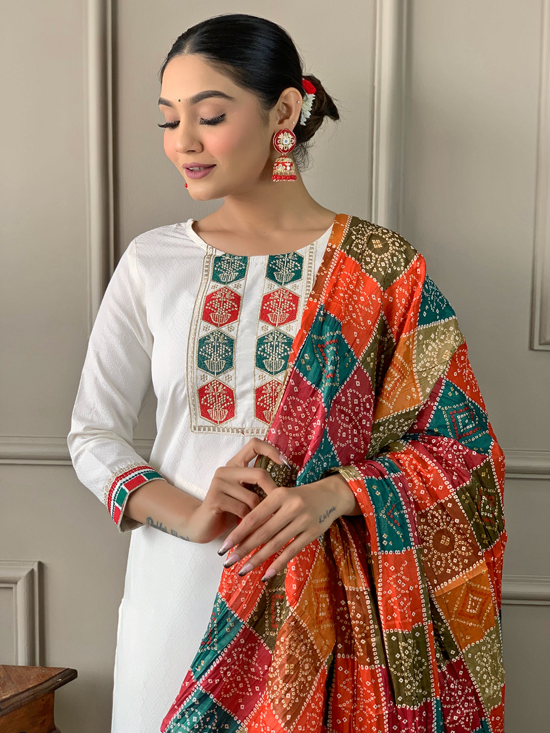The52 White Embroidered Viscose Fabric Straight Kurta, Pant and Dupatta Set - Distacart