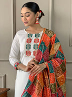 The52 White Embroidered Viscose Fabric Straight Kurta, Pant and Dupatta Set - Distacart