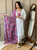 The52 Women White Chanderi Embroidered Kurta Pant Dupatta Set - Distacart