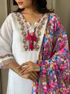 The52 Women White Chanderi Embroidered Kurta Pant Dupatta Set - Distacart