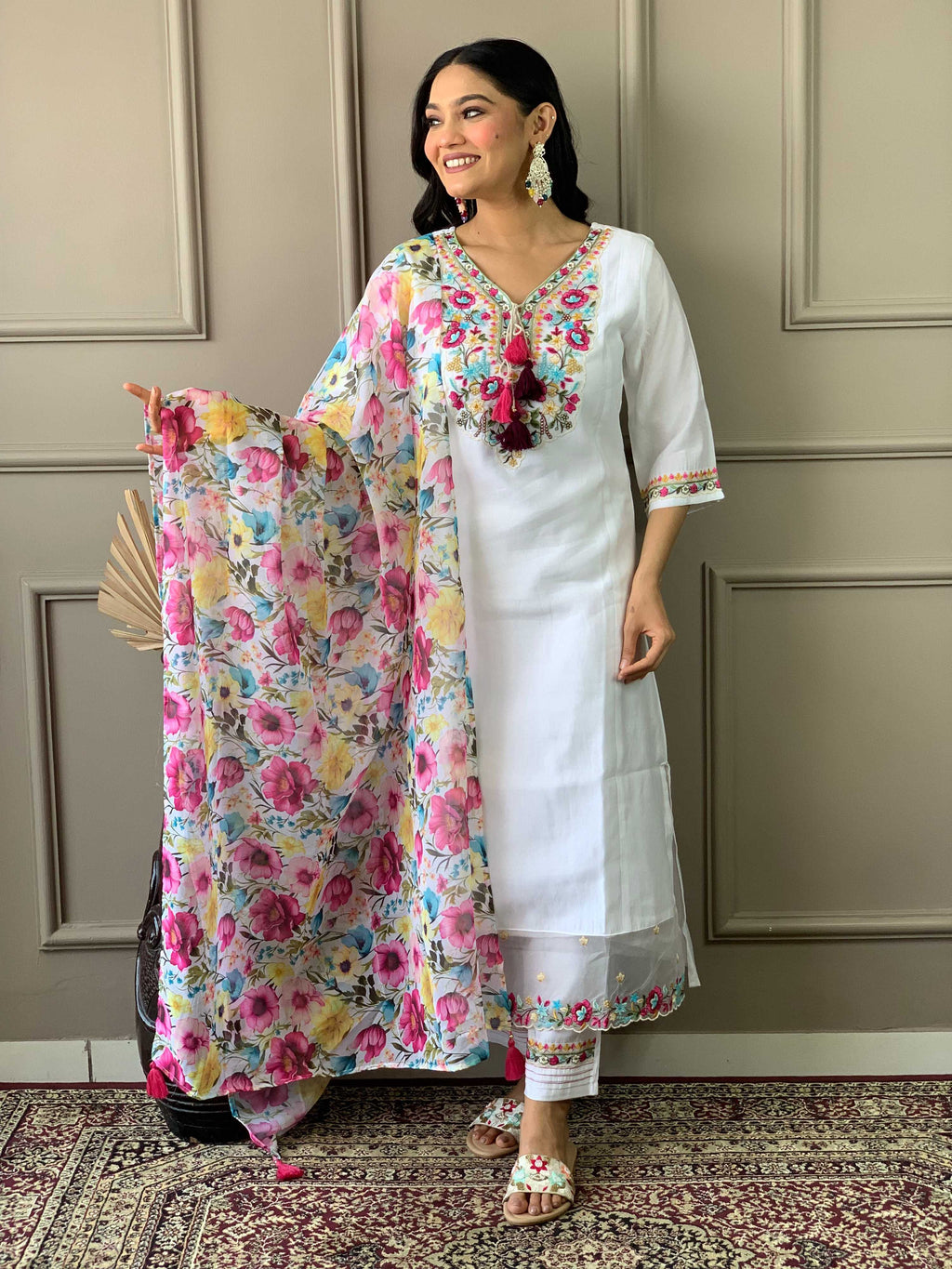 The52 Women White Chanderi Embroidered Kurta Pant Dupatta Set - Distacart