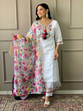 The52 Women White Chanderi Embroidered Kurta Pant Dupatta Set - Distacart