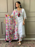 The52 Women White Chanderi Embroidered Kurta Pant Dupatta Set - Distacart