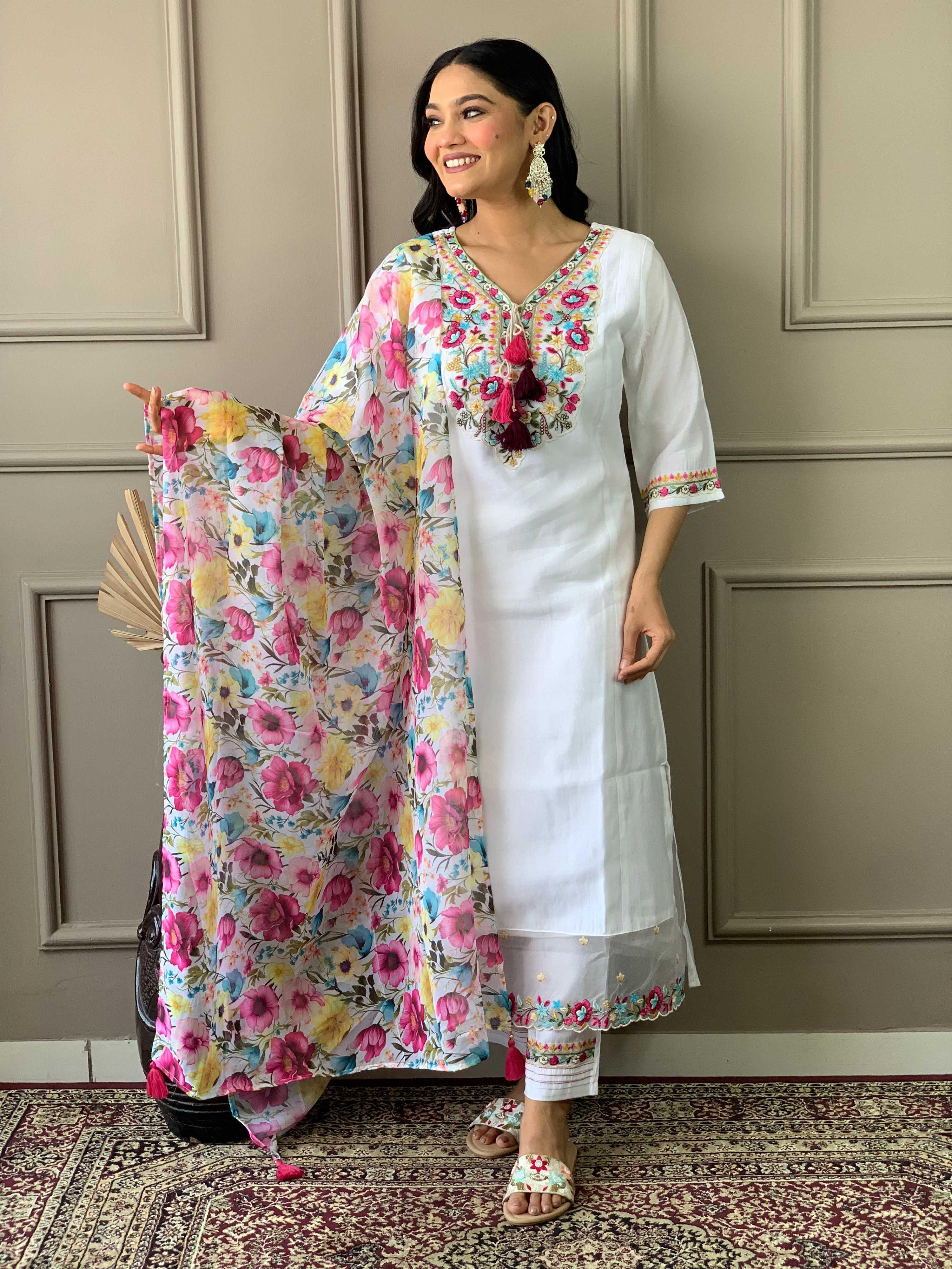 The52 Women White Chanderi Embroidered Kurta Pant Dupatta Set - Distacart
