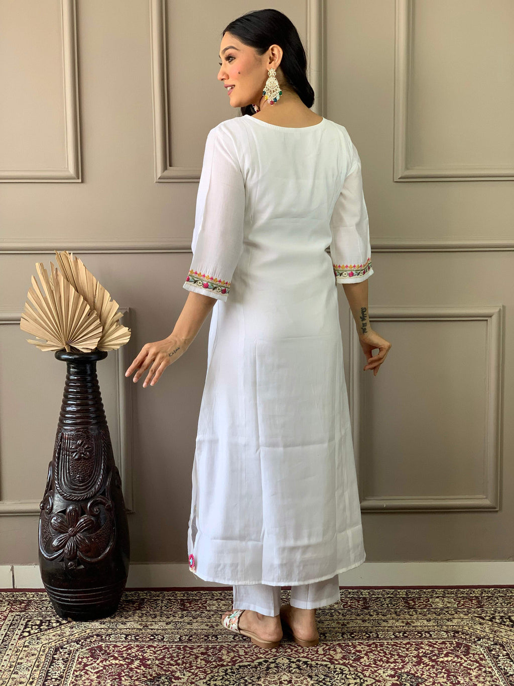 The52 Women White Chanderi Embroidered Kurta Pant Dupatta Set - Distacart
