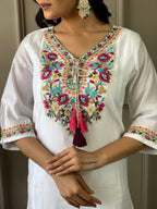 The52 Women White Chanderi Embroidered Kurta Pant Dupatta Set - Distacart