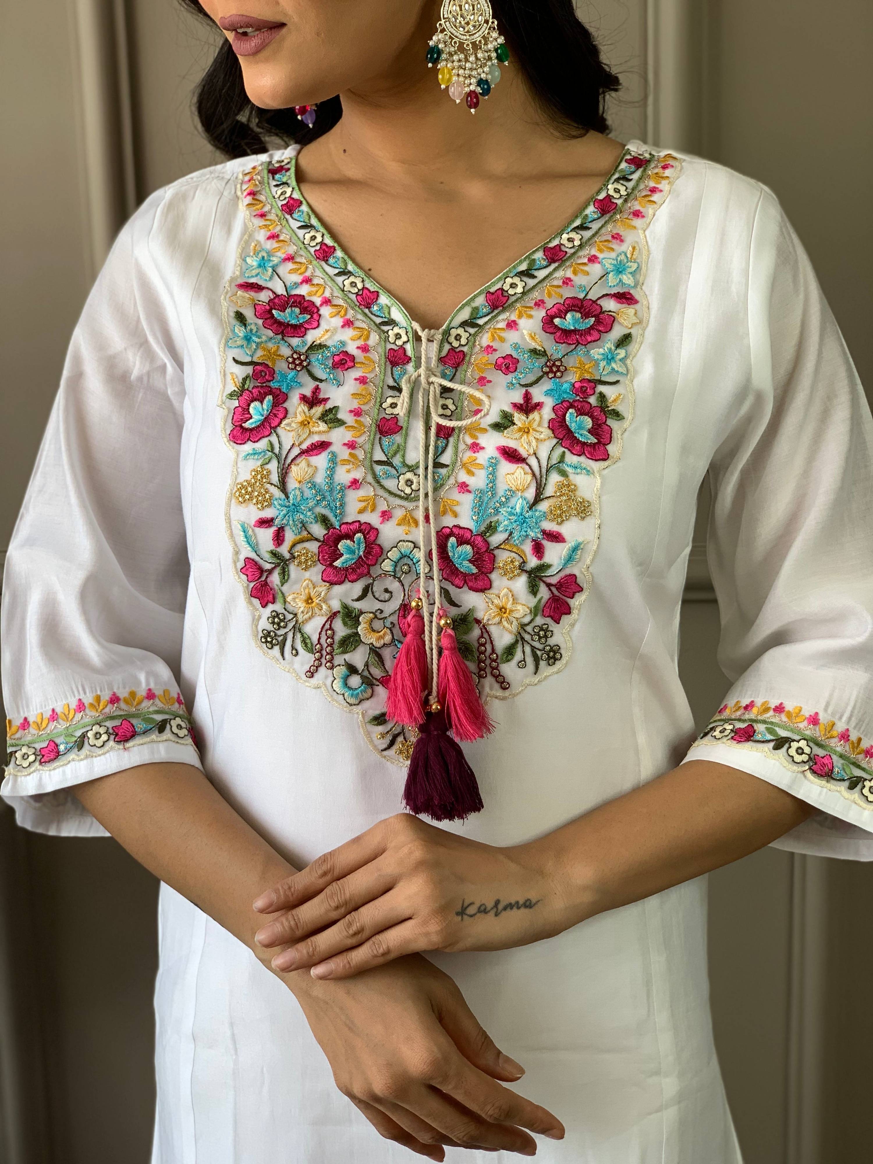 The52 Women White Chanderi Embroidered Kurta Pant Dupatta Set - Distacart