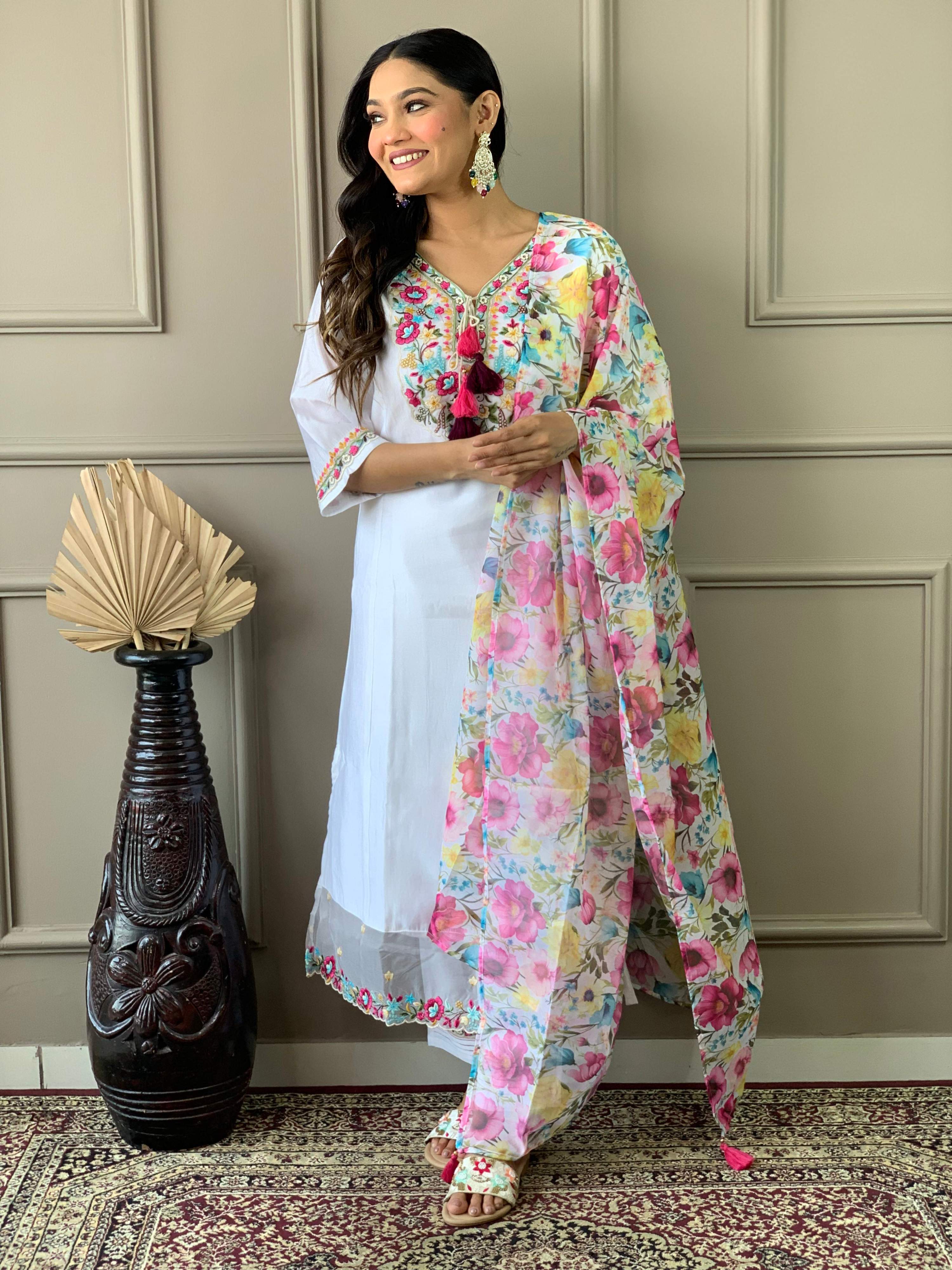 The52 Women White Chanderi Embroidered Kurta Pant Dupatta Set - Distacart
