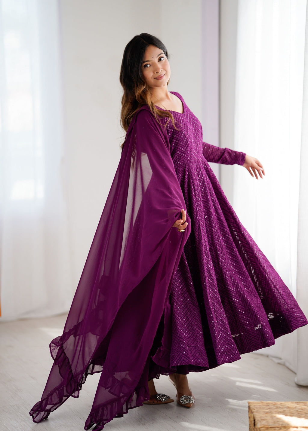 Lehenga Mart Wine Faux Georgette Classic Lukhnowi Georgette Fabric Anarkali Suit Set