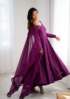 Lehenga Mart Wine Faux Georgette Classic Lukhnowi Georgette Fabric Anarkali Suit Set
