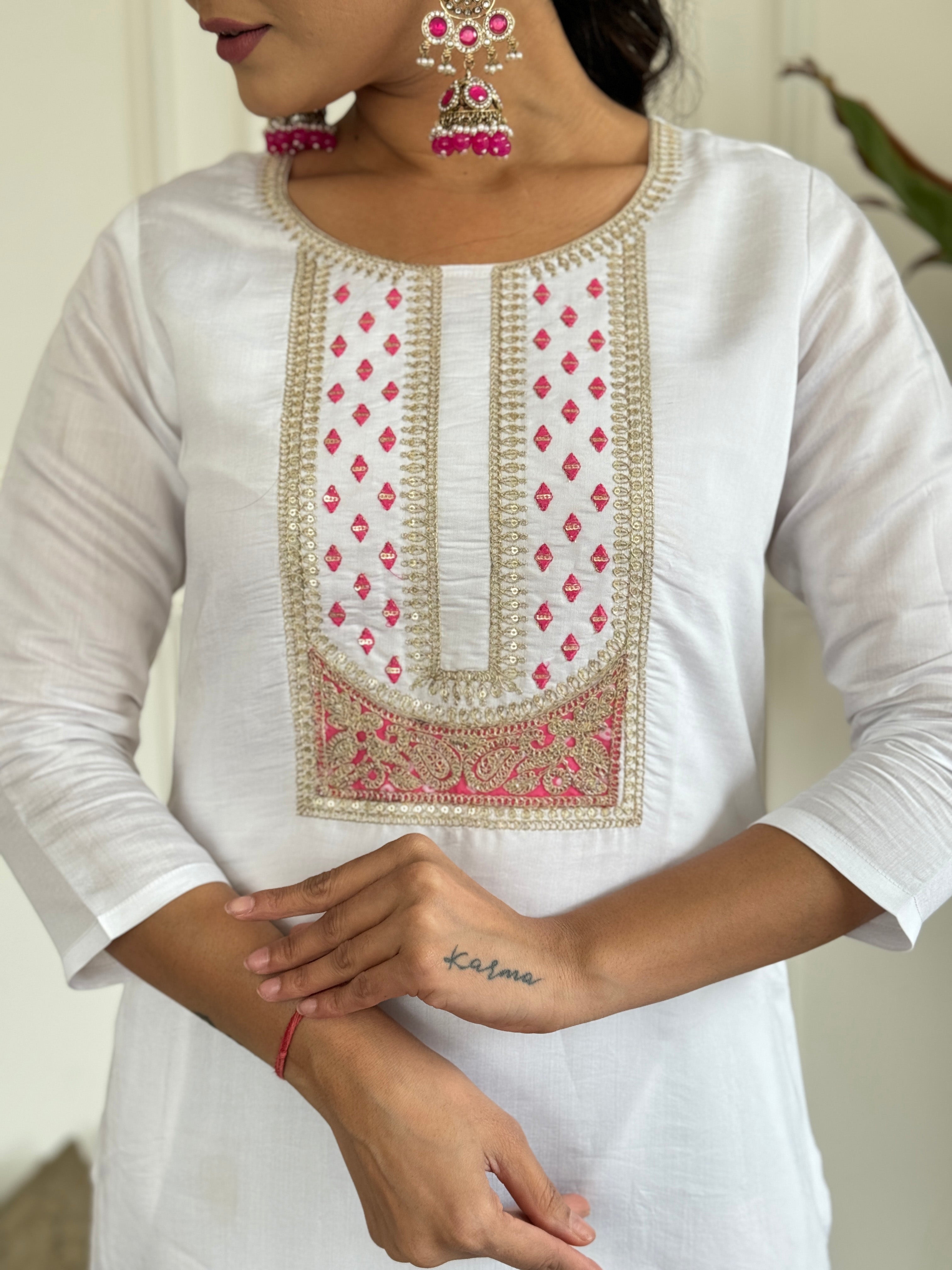 The52 Women's White Viscose Rayon Embroidered Straight Kurta with Pant And Dupatta Set - Distacart