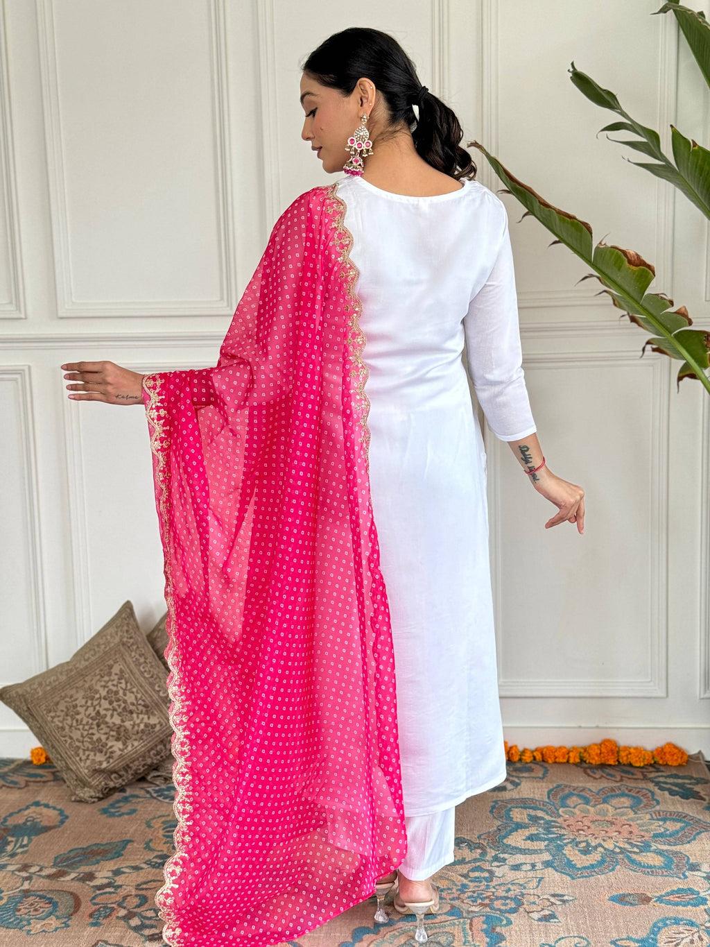 The52 Women's White Viscose Rayon Embroidered Straight Kurta with Pant And Dupatta Set - Distacart