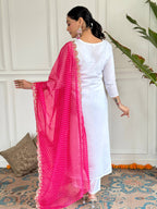 The52 Women's White Viscose Rayon Embroidered Straight Kurta with Pant And Dupatta Set - Distacart