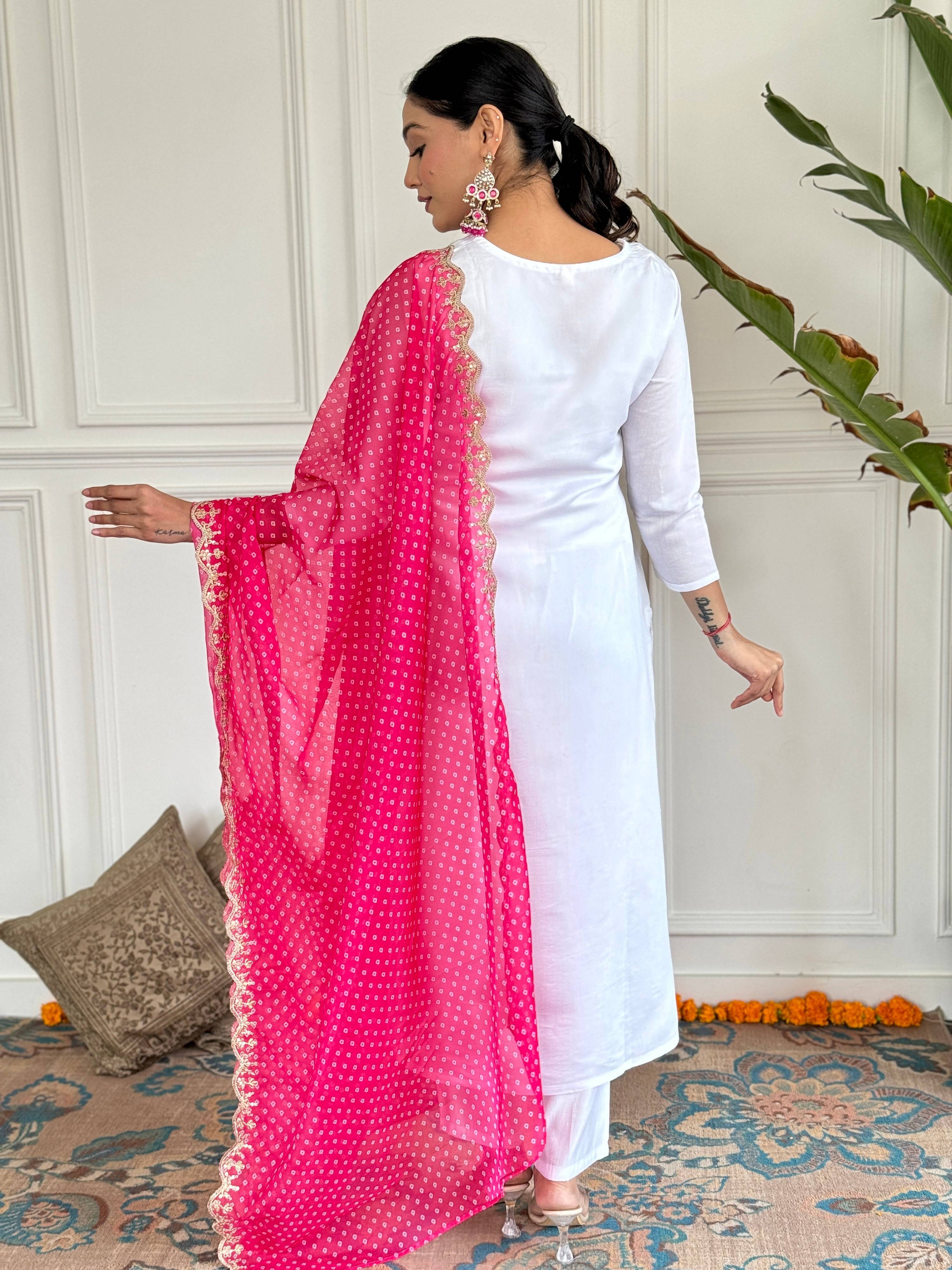 The52 Women's White Viscose Rayon Embroidered Straight Kurta with Pant And Dupatta Set - Distacart