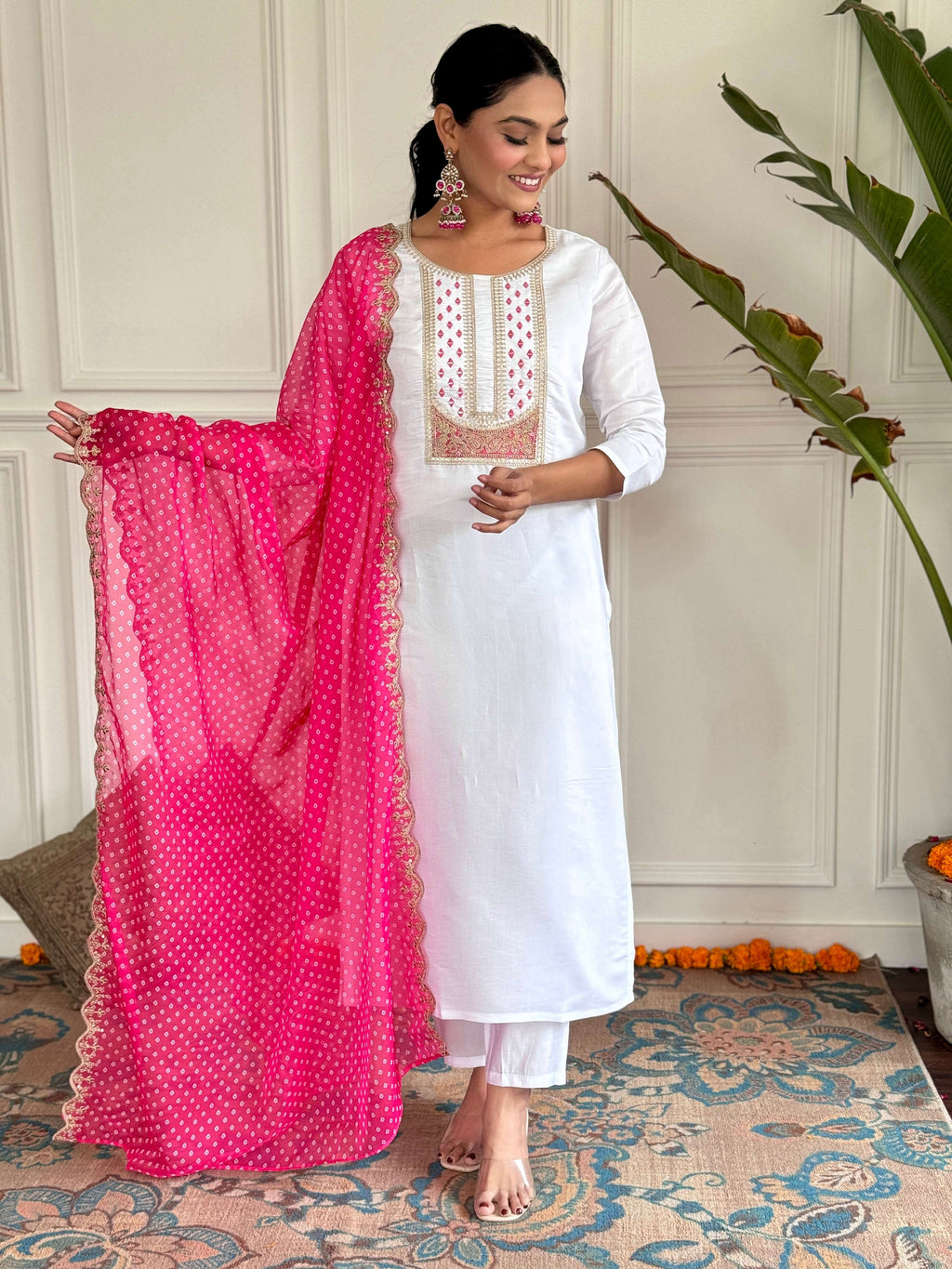 The52 Women's White Viscose Rayon Embroidered Straight Kurta with Pant And Dupatta Set - Distacart