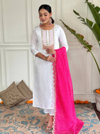 The52 Women's White Viscose Rayon Embroidered Straight Kurta with Pant And Dupatta Set - Distacart