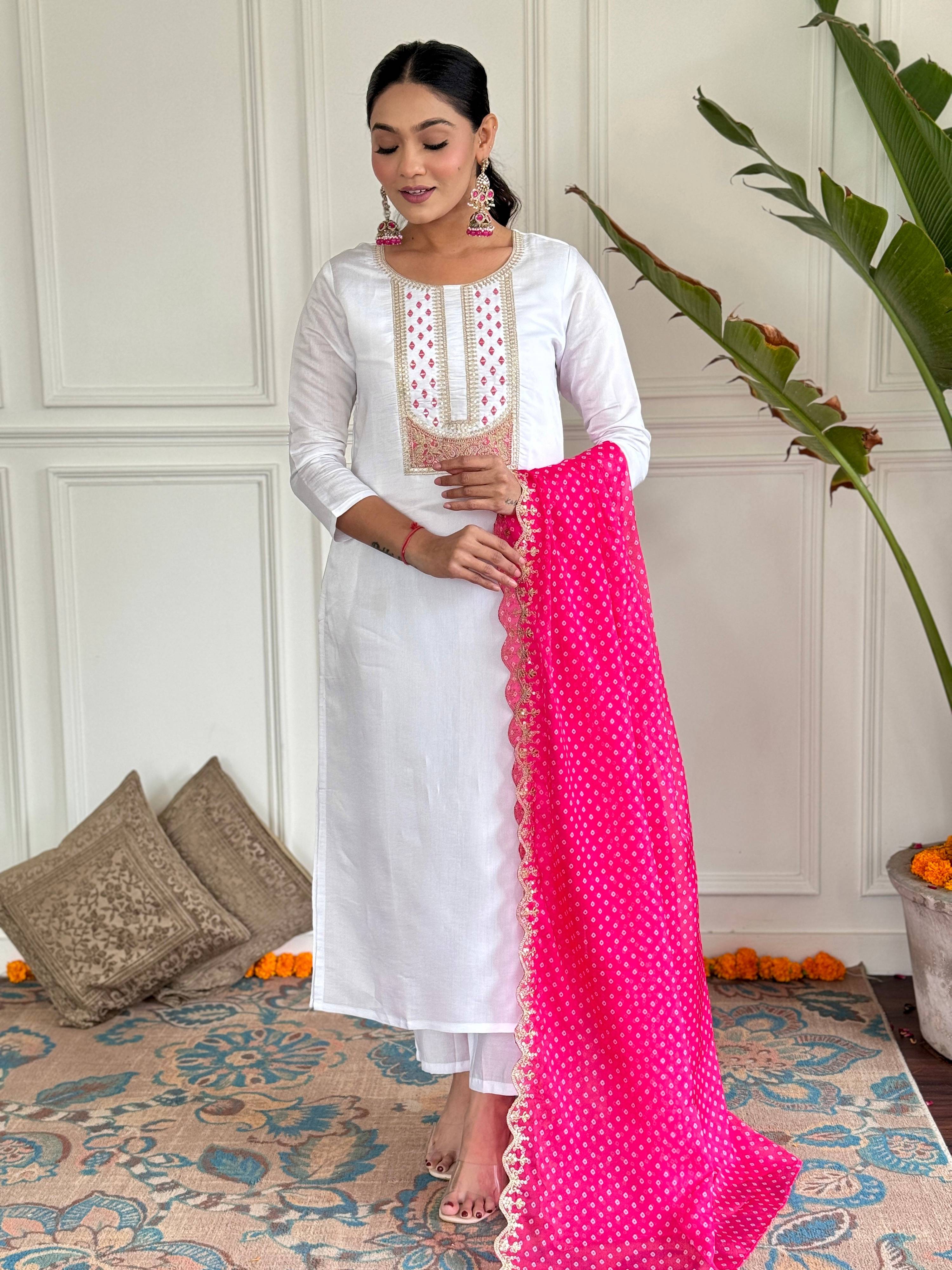 The52 Women's White Viscose Rayon Embroidered Straight Kurta with Pant And Dupatta Set - Distacart