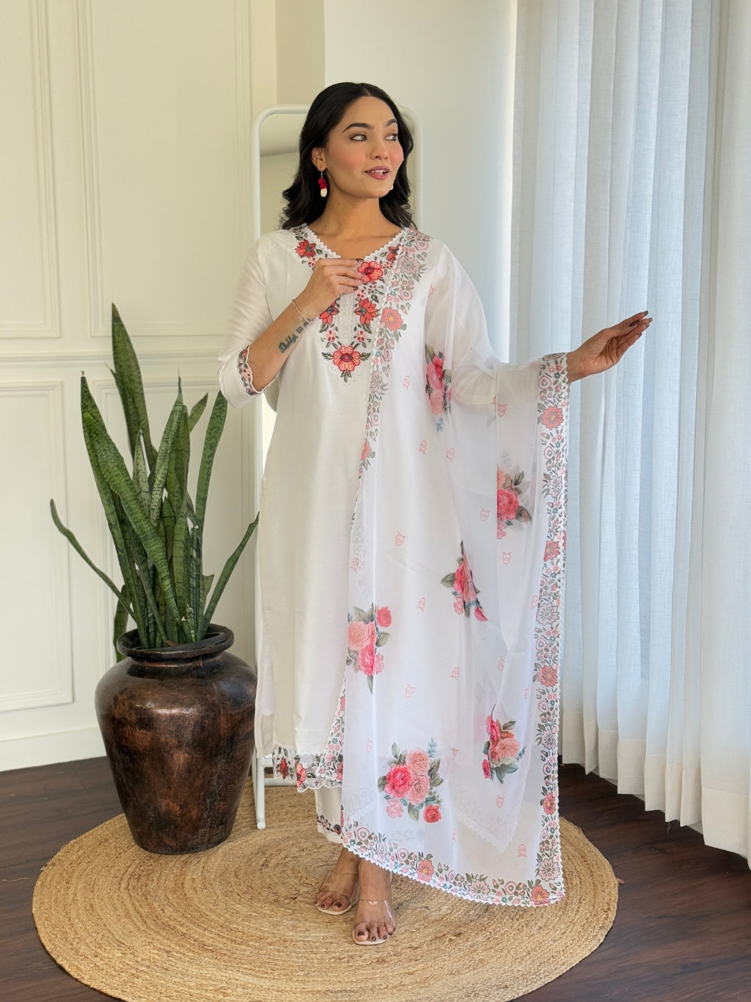 The52 Thread work on Viscose Fabric Straight Kurta, Pant and Dupatta Set - Distacart