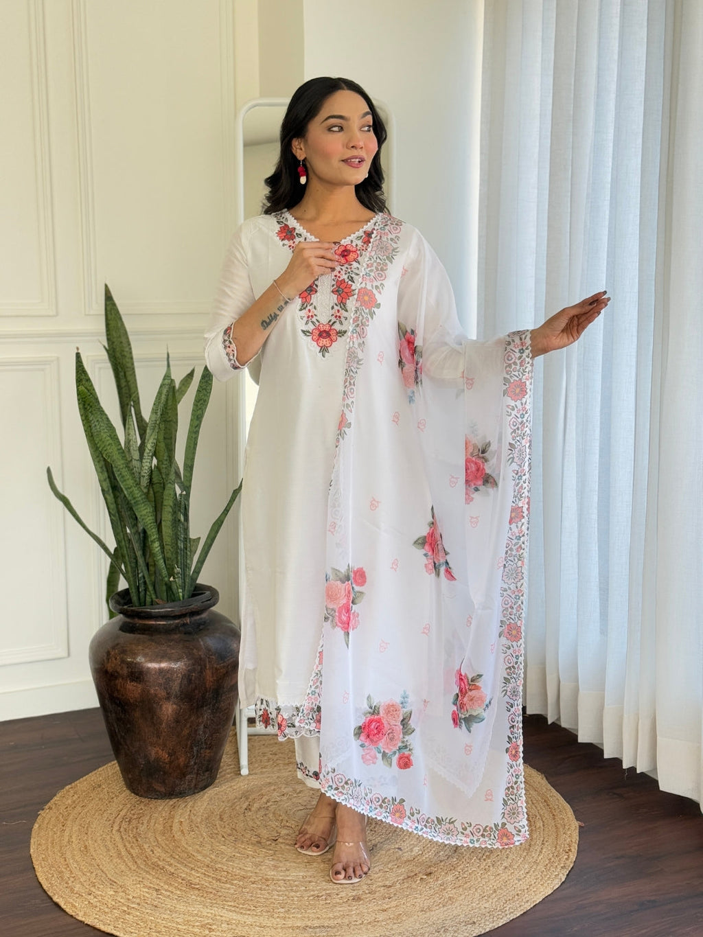 The52 Thread work on Viscose Fabric Straight Kurta, Pant and Dupatta Set - Distacart
